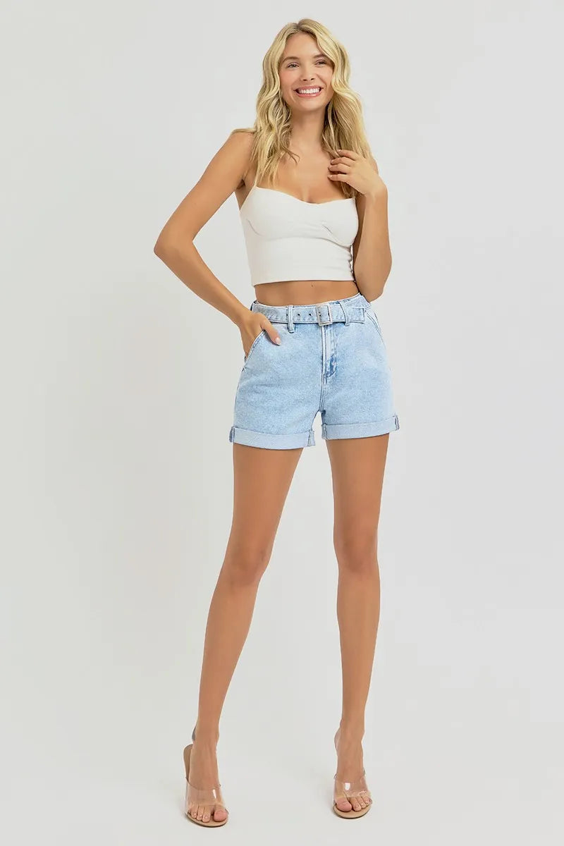 Dreamkue-Risen Women’s High Rise Belted Roll Up Denim Shorts Casual Shorts