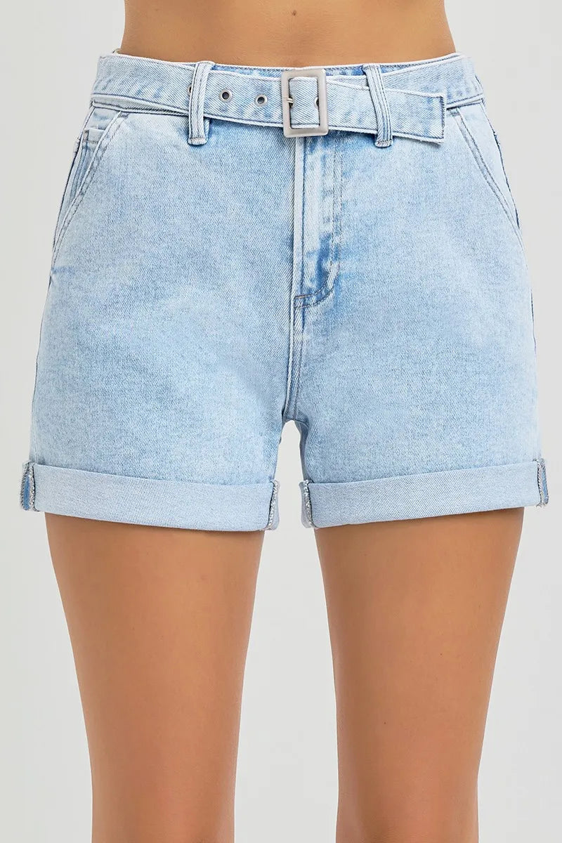 Dreamkue-Risen Women’s High Rise Belted Roll Up Denim Shorts Casual Shorts