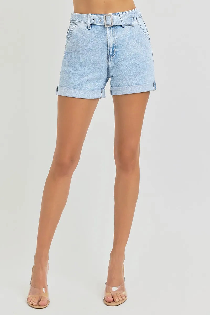 Dreamkue-Risen Women’s High Rise Belted Roll Up Denim Shorts Casual Shorts